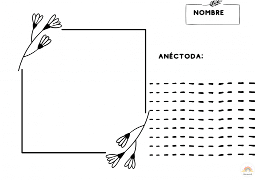 Un diseño de página en blanco y negro con adornos florales que enmarcan un cuadrado en blanco en el lado izquierdo. A la derecha, un patrón de puntos se encuentra debajo de la palabra "ANÉCDOTA:". La parte superior derecha presenta un rectángulo con la etiqueta "NOMBRE". Un pequeño logo de arco iris para "Mi Familia. Cuaderno Viajero ESI" está en la esquina inferior derecha.