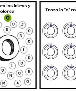 Una actividad de aprendizaje para niños en español centrada en las voces. El lado izquierdo muestra una tarea de búsqueda y color de la letra 