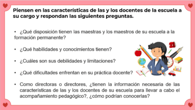 Una presentación en español con las siguientes preguntas:

- ¿Qué disposición tienen las maestras y los maestros de Educación Básica de su escuela a la formación permanente?
- ¿Qué habilidades y conocimientos tienen?
- ¿Cuáles son sus debilidades y limitaciones?
- ¿Qué dificultades enfrenta en su práctica docente?

Incluye una ilustración de un maestro con equipo escolar alrededor. Esta sesión de la Quinta Sesión Ordinaria del CTE – Educación Básica. Febrero 2024.