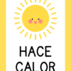 Tarjetas del Clima 9 Una linda ilustración de un sol sonriente con rayos, mejillas y ojos. Debajo del sol, está escrito el texto