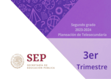Imagen de una página dividida que muestra la portada de un documento. La sección violeta superior derecha presenta un texto que dice "Planeaciones Telesecundaria Segundo Grado Ciclo 2023–2024 Plan 2022 (Tercer Trimestre)". La sección blanca inferior izquierda incluye el logotipo de la SEP y "Secretaría de Educación Pública".