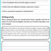 50 Lecturas en Inglés para 5to Grado de Primaria (Reading Comprehension) 9 Una hoja de trabajo educativa con dos secciones. La primera sección tiene cinco preguntas sobre familias de animales, incluidas preguntas sobre grupos de leones, líderes de elefantes, cuidado de pingüinos, diferencias entre murciélagos y cooperación en familias de animales. La segunda sección es una actividad de escritura sobre familias de animales, acompañada de un párrafo de muestra que describe una manada de lobos y su comportamiento.