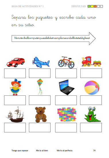 Hoja de actividades del "Libro de vocabulario en inglés, 5 a 7 años" con nueve imágenes de juguetes (automóvil, pelota, bicicleta, bote, muñeca, computadora portátil, pelota de playa, piezas de rompecabezas, juguete de cocodrilo) con casillas debajo de cada una para clasificar y etiquetar en inglés.