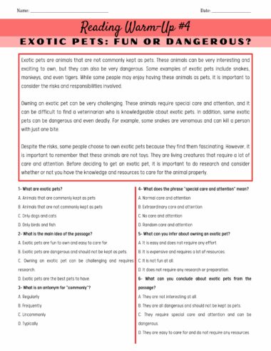 Lectura de la hoja de preparación titulada "Mascotas exóticas: ¿divertidas o peligrosas?" con preguntas relacionadas con mascotas exóticas, incluidos ejemplos, motivos para tenerlas, cuidados requeridos y riesgos asociados. El diseño tiene material de lectura y preguntas para que los estudiantes respondan de la serie **100 Lecturas de Comprensión Lectora en Inglés**.