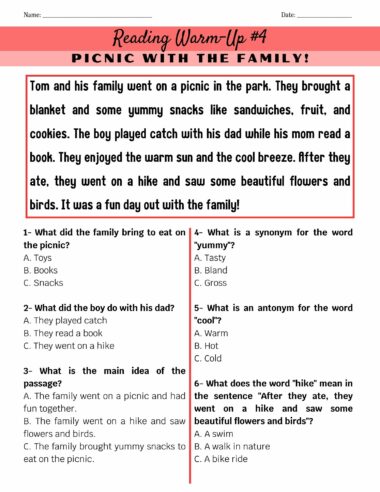 Una hoja de trabajo educativa titulada "100 Lecturas de Comprensión Lectora en Inglés" presenta una historia sobre un picnic familiar. Las preguntas de opción múltiple evalúan la comprensión de la idea principal, el vocabulario y los detalles específicos de la historia, similares a las que se encuentran en "100 Lecturas de Comprensión Lectora en Inglés".