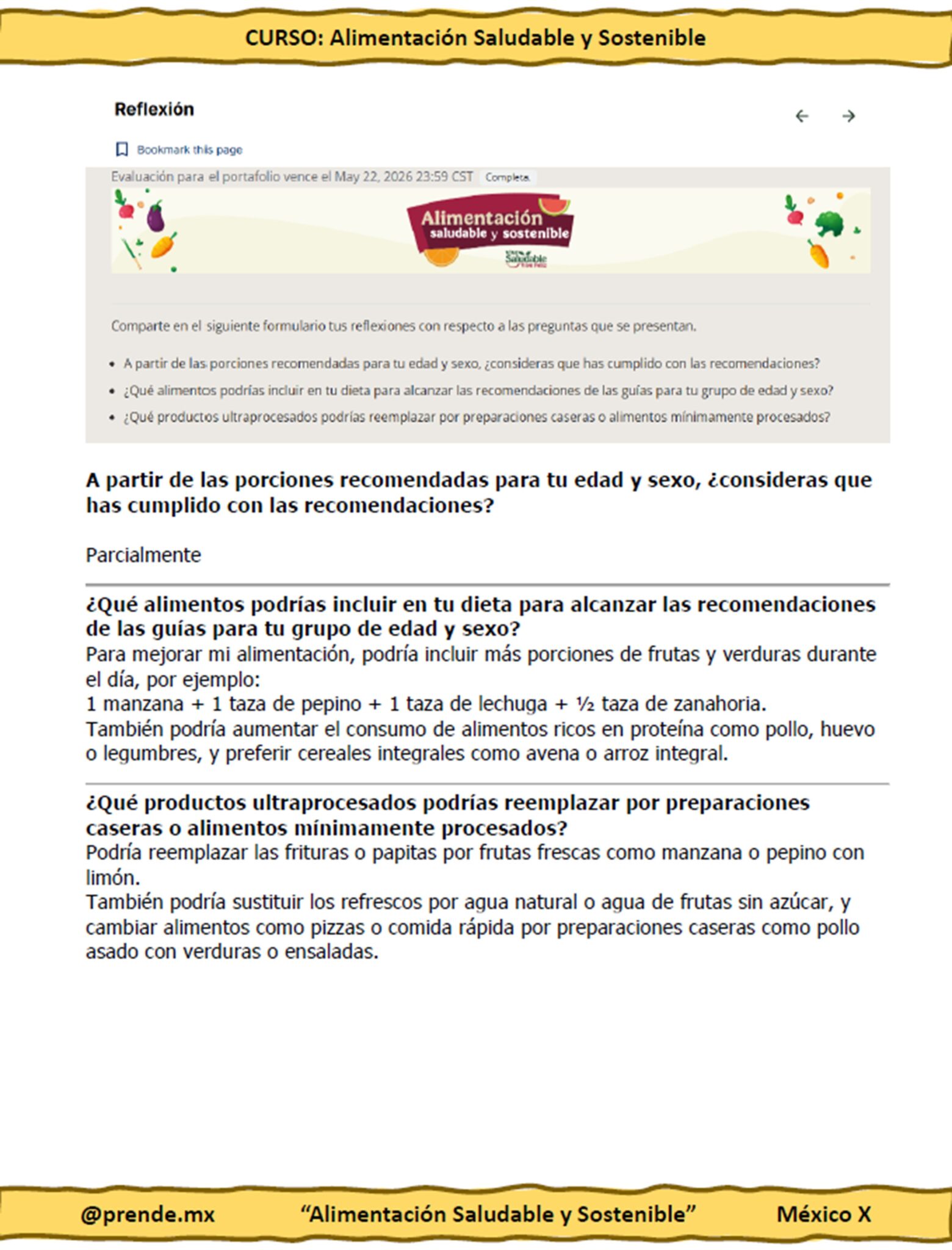 Curso Contestado Alimentación Saludable y Sostenible 6 Captura de pantalla de un módulo del curso en línea en español titulado "CURSO: Alimentación Saludable y Sostenible". El contenido aborda el seguimiento de las recomendaciones dietéticas en función de la edad y el sexo, con preguntas de reflexión y ejemplos de respuestas.