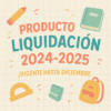 Ilustración con material escolar y texto en español: "Producto Liquidación 2024-2025 ¡Vigente hasta diciembre!" sobre fondo cuadriculado. Incluye un lápiz, un libro, un transportador, un cuaderno y una mochila.