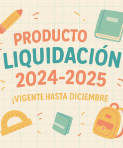 Ilustración con material escolar y texto en español: "Producto Liquidación 2024-2025 ¡Vigente hasta diciembre!" sobre fondo cuadriculado. Incluye un lápiz, un libro, un transportador, un cuaderno y una mochila.