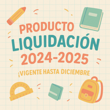 Ilustración con material escolar y texto en español: "Producto Liquidación 2024-2025 ¡Vigente hasta diciembre!" sobre fondo cuadriculado. Incluye un lápiz, un libro, un transportador, un cuaderno y una mochila.