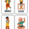 Ilustración de cuatro niños realizando actividades animadas: uno de ellos, que lleva la etiqueta 