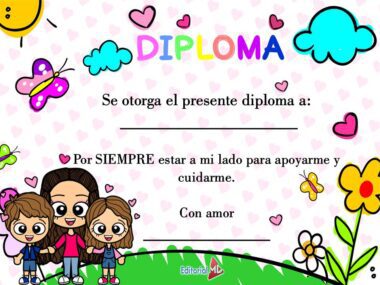Diploma de dibujos animados de colores con "DIPLOMA" en letras de arco iris, espacio para un nombre y texto en español agradeciendo a alguien por apoyarnos siempre. Con niños sonrientes, una mujer, flores, corazones, nubes y mariposas.