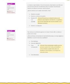 Curso Contestado Nombrar-nos y habitar-nos desde la perspectiva de género 12 Captura de pantalla de un cuestionario de un curso en línea con dos preguntas sobre estudios de género y respuestas de opción múltiple, de la Comisión de Derechos Humanos del Distrito Federal, con elementos de diseño en amarillo y blanco y recuadros de preguntas en morado.