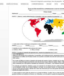 Un Paquete Planeaciones de Geografía Secundaria (1er Trimestre) con continentes claramente coloreados: América del Norte en verde, América del Sur en morado, Europa en rojo, África en azul, Asia en amarillo y Oceanía en negro, con un panel de texto en español sobre 