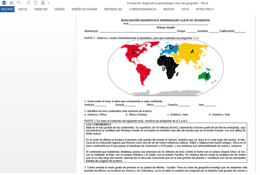 Un Paquete Planeaciones de Geografía Secundaria (1er Trimestre) con continentes claramente coloreados: América del Norte en verde, América del Sur en morado, Europa en rojo, África en azul, Asia en amarillo y Oceanía en negro, con un panel de texto en español sobre "Planeaciones de Geografía.