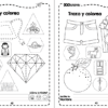500 actividades para niños y niñas 6 Dos páginas de actividades en blanco y negro con dibujos contorneados para calcar y colorear, que incluyen objetos como un trozo de pizza, un diamante, unos pantalones cortos, palomitas de maíz, un coche, una naranja, un mono, un león y otros objetos pequeños.