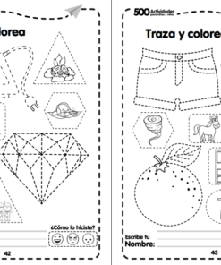 Dos páginas de actividades en blanco y negro con dibujos contorneados para calcar y colorear, que incluyen objetos como un trozo de pizza, un diamante, unos pantalones cortos, palomitas de maíz, un coche, una naranja, un mono, un león y otros objetos pequeños.
