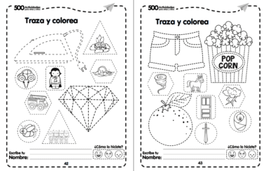 Dos páginas de actividades en blanco y negro con dibujos contorneados para calcar y colorear, que incluyen objetos como un trozo de pizza, un diamante, unos pantalones cortos, palomitas de maíz, un coche, una naranja, un mono, un león y otros objetos pequeños.