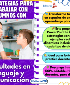 Un profesor y una niña se hacen gestos en un aula. El texto promociona un paquete de PowerPoint con estrategias y recursos para trabajar con alumnos con dificultades de lenguaje y comunicación.