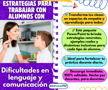 Un profesor y una niña se hacen gestos en un aula. El texto promociona un paquete de PowerPoint con estrategias y recursos para trabajar con alumnos con dificultades de lenguaje y comunicación.