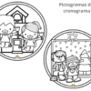 Llegó el frío...¿Y ahora qué hacemos? 16 Dos dibujos circulares: uno muestra a dos niños fuera de una pajarera; el otro muestra a dos niños vestidos de invierno junto a una ventana con nieve, un árbol y un copo de nieve. El texto dice