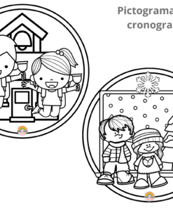 Dos dibujos circulares: uno muestra a dos niños fuera de una pajarera; el otro muestra a dos niños vestidos de invierno junto a una ventana con nieve, un árbol y un copo de nieve. El texto dice 