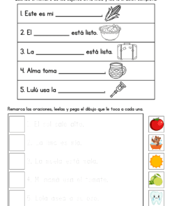 Hoja de ejercicios de lengua española para niños con frases para rellenar e imágenes de un cuenco, una maleta, un tarro de miel y una pala. En la parte inferior derecha, pequeñas imágenes de un tomate, un limón, una taza, un oso y un sol para ejercicios de emparejamiento.