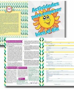 Collage de materiales educativos en español, con páginas con consejos, sugerencias de actividades y formularios en blanco, bordeados por coloridos patrones en zig-zag. La imagen central incluye un gráfico de sol sonriente con el texto 