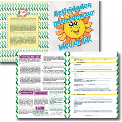 Collage de materiales educativos en español, con páginas con consejos, sugerencias de actividades y formularios en blanco, bordeados por coloridos patrones en zig-zag. La imagen central incluye un gráfico de sol sonriente con el texto "actividades para empezar bien el día".