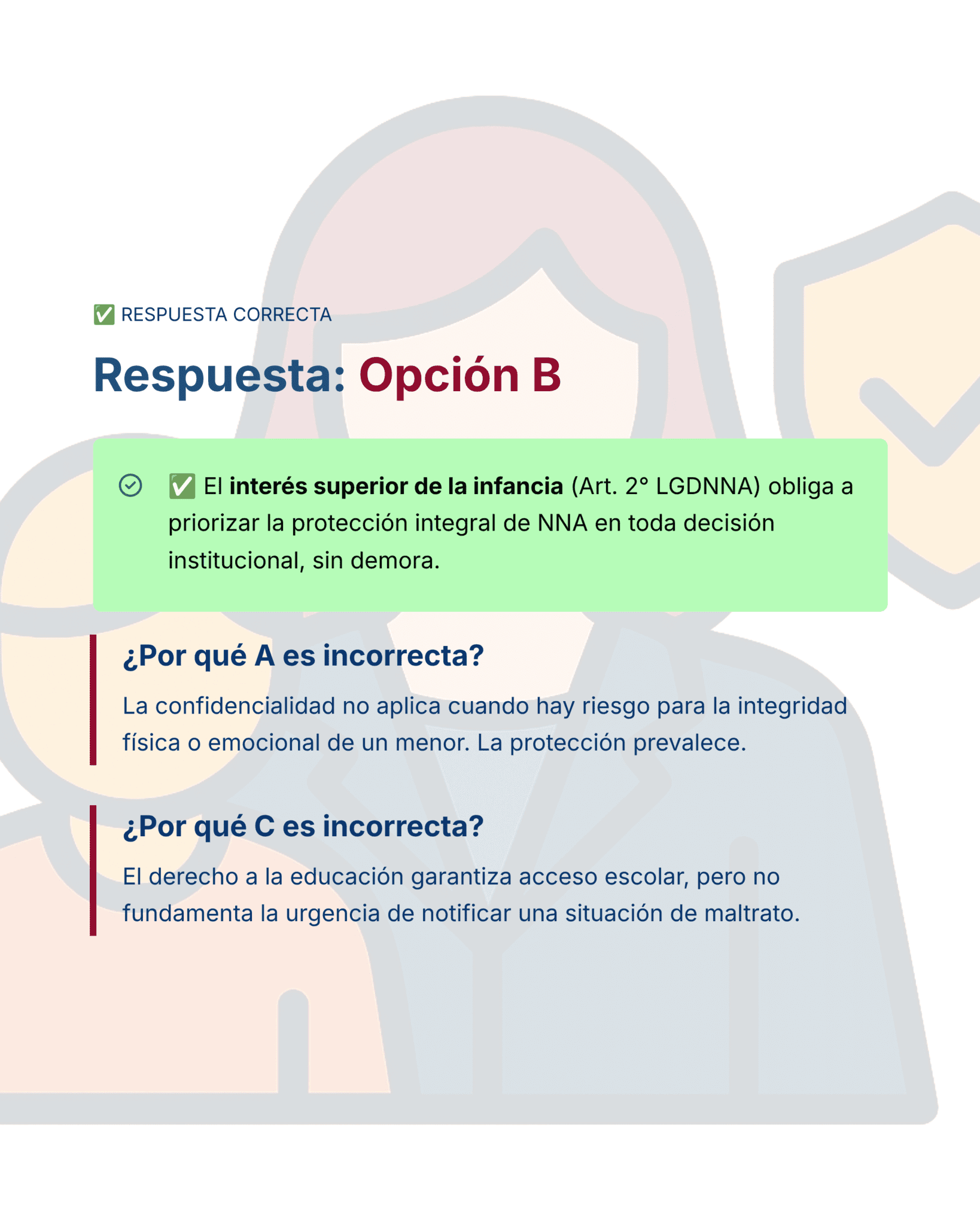 Guía de Estudio HORAS ADICIONALES HISTORIA Educación Secundaria- USICAMM 2026 - 2027 + (Simulador 90 Reactivos) 14 Una pantalla de respuesta del cuestionario en español destaca "Respuesta: Opción B" como correcta. Un recuadro verde explica la prioridad legal de la protección de la infancia. A continuación, se enumeran en texto azul las razones por las que las opciones A y C son incorrectas.