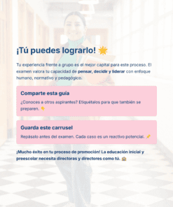 Una persona sonriente en un pasillo con libros en la mano. El texto anima a aprobar los exámenes con consejos: comparte la guía con los demás y salva el carrusel. Destaca la importancia de los directores en la educación con iconos de celebración.