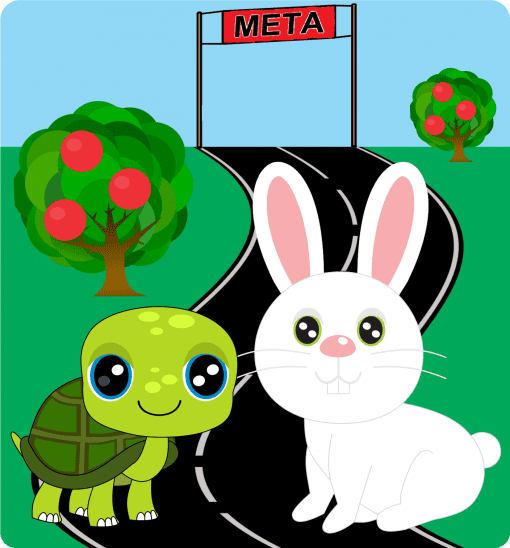 Ilustración de una tortuga y un conejo en una pista de carreras con un cartel de "PAQUETE AUDIO-CUENTOS INFANTILES 9" en lo alto, árboles con frutos rojos al fondo, simbolizando la fábula de la tortuga y la liebre.