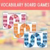 100 Juegos de Mesa en Inglés (Vocabulario & Gramática) 4 Una imagen promocional que presenta tres juegos de mesa de vocabulario diferentes, cada uno de ellos diseñado para enseñar vocabulario esencial. Los juegos de mesa se titulan