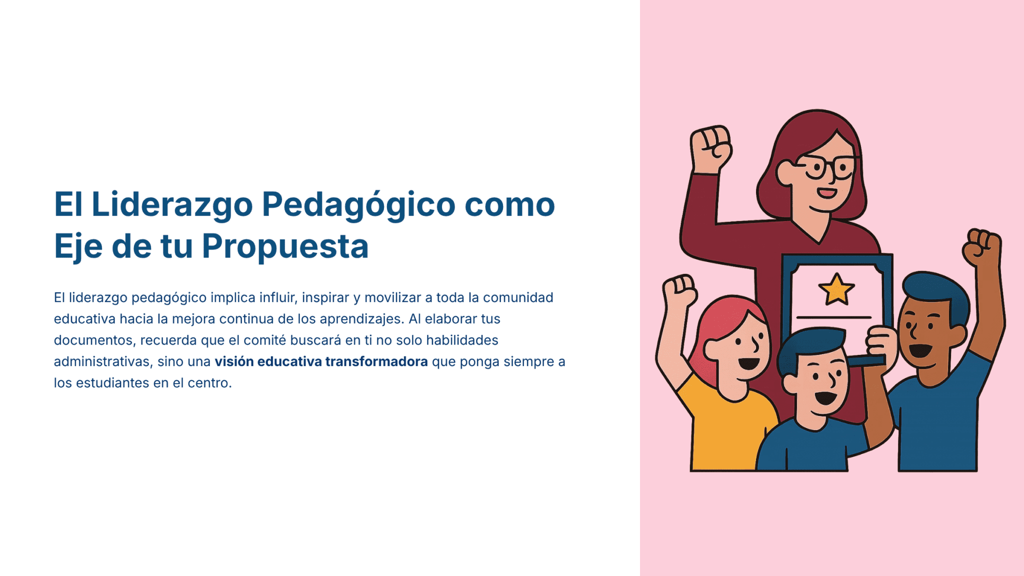 Paquete Promoción a DIRECTOR ESCOLAR – Educación Media Superior (Carta de Exposición de Motivos + Plan de Mejora Continua + Guía EMS) EMS BACHILLERATO 2026–2027 9 Ilustración de una mujer sonriente que sostiene un certificado con una estrella, rodeada de tres niños que la aclaman. A la izquierda, un texto en español habla del liderazgo pedagógico como núcleo de una propuesta educativa.