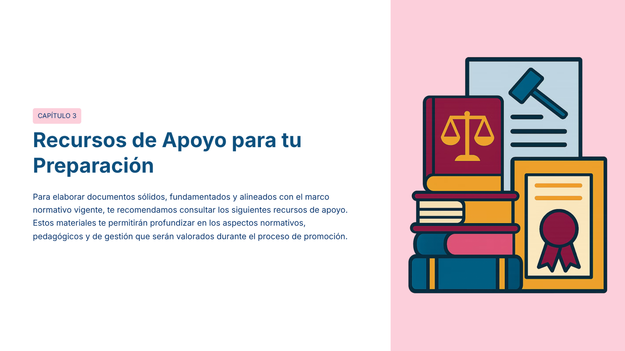 Paquete Promoción a SUPERVISOR ESCOLAR – Educación Media Superior (Carta de Exposición de Motivos + Plan de Mejora Continua + Guía EMS) EMS BACHILLERATO 2026–2027 15 Ilustración de libros apilados, un pergamino, una balanza y un mazo junto a un texto en español sobre recursos de apoyo para la preparación de exámenes, en el que se destaca la importancia de utilizar materiales normativos y pedagógicos.