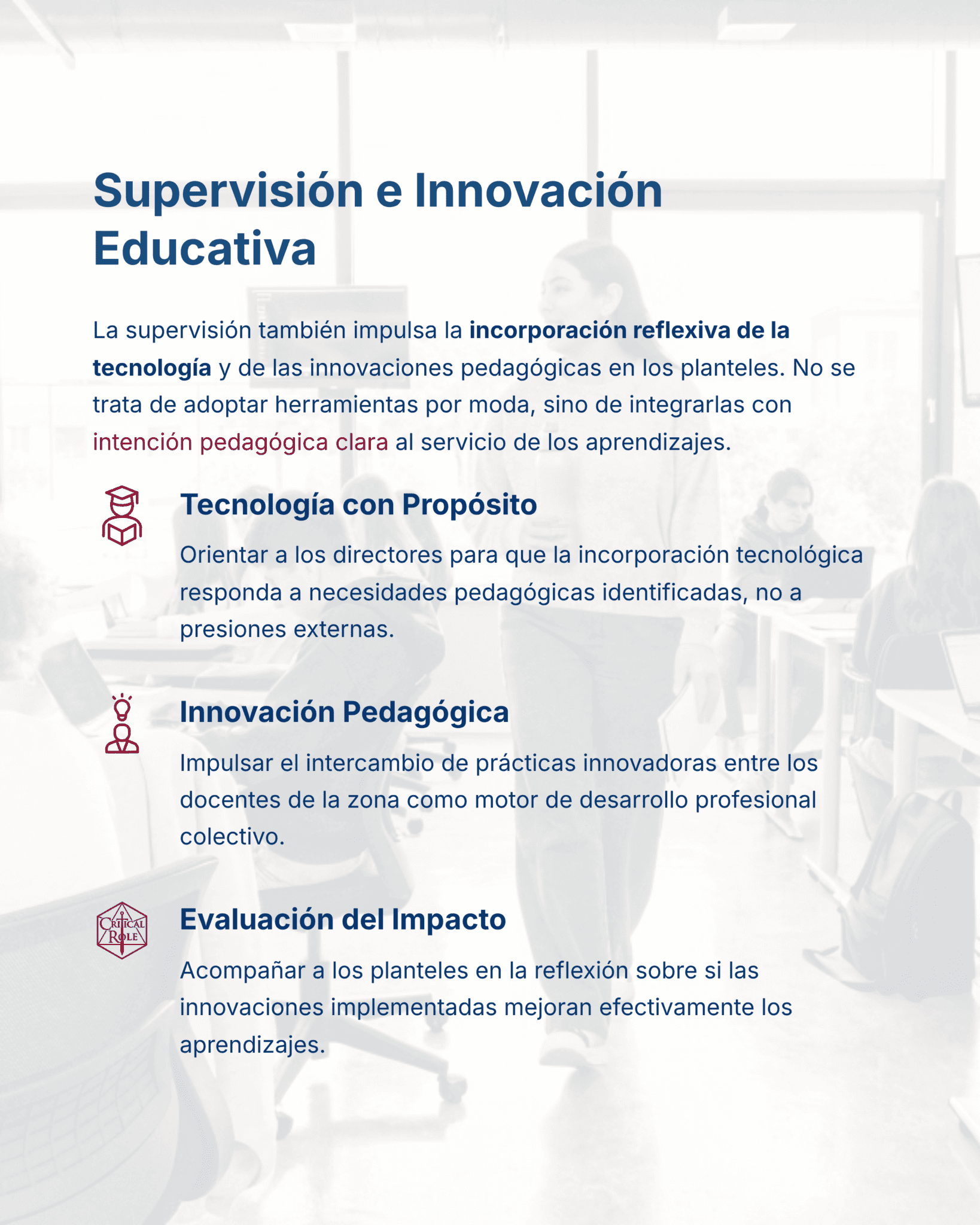 Guía de Apoyo Promoción Vertical Función SUPERVISORES - USICAMM 2026 - 2027 + (Simulador 90 Reactivos) 4 Una infografía titulada "Supervisión e Innovación Educativa" resume tres puntos: Tecnología con Propósito, Innovación Pedagógica y Evaluación del Impacto, con iconos, texto y un ligero fondo de oficina.