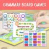 100 Juegos de Mesa en Inglés (Vocabulario & Gramática) 5 Imagen que muestra tres coloridos juegos de mesa con temas gramaticales dispuestos sobre una mesa. El juego de arriba a la izquierda se titula 'Juego de mesa para dar consejos', el juego del centro es '¿Alguna vez has...? Board Game', y el juego de abajo a la derecha es 'Can & Can't Board Game'. Hay manos moviendo piezas en estos 50 Juegos de Mesa en Inglés (Vocabulario & Gramática).
