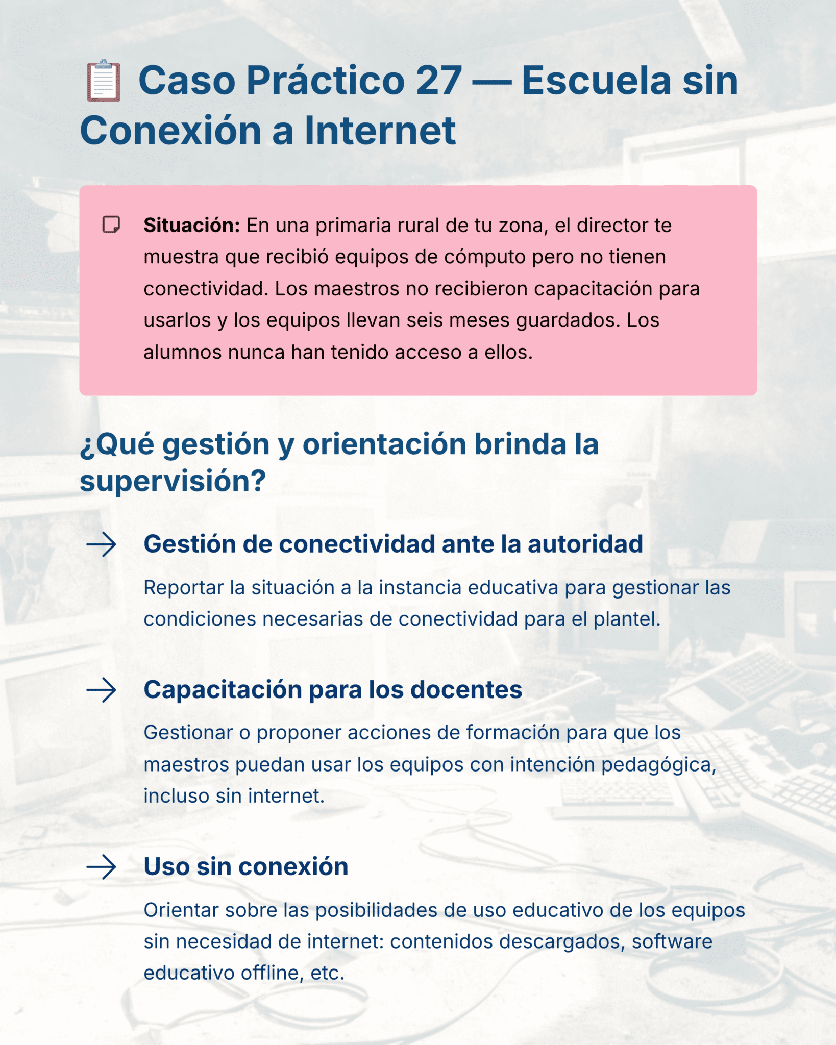 Guía de Apoyo Promoción Vertical Función SUPERVISORES - USICAMM 2026 - 2027 + (Simulador 90 Reactivos) 10 Una infografía en español titulada "Caso Práctico 27: Escuela sin Conexión a Internet" describe los problemas de conectividad en una escuela rural y sugiere soluciones como la denuncia a las autoridades, la formación del profesorado y el uso de software offline.