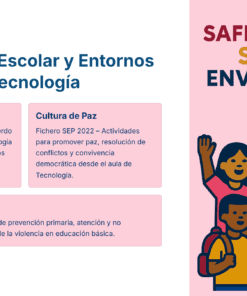 Gráfico informativo sobre entornos escolares seguros. Izquierda: texto en español sobre acoso escolar, violencia y convivencia digital. Derecha: Diversos niños ilustrados y una casa, con texto en negrita: 