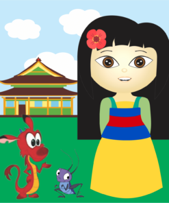 Una imagen animada que muestra a una niña con una flor en el cabello y dos criaturas de dibujos animados, una roja y otra morada, en un campo de hierba con un templo tradicional y un fondo de cielo azul. Esta ilustración forma parte de la colección Paquete Audio-Cuentos Infantiles 6.
