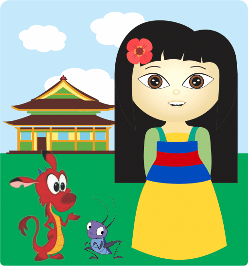Una imagen animada que muestra a una niña con una flor en el cabello y dos criaturas de dibujos animados, una roja y otra morada, en un campo de hierba con un templo tradicional y un fondo de cielo azul. Esta ilustración forma parte de la colección Paquete Audio-Cuentos Infantiles 6.