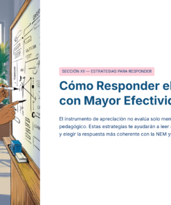 Un hombre con gafas está de pie ante una pizarra con diagramas, enseñando y señalando la pizarra con un rotulador. A su lado, un texto explica estrategias para responder eficazmente a un instrumento de evaluación pedagógica.
