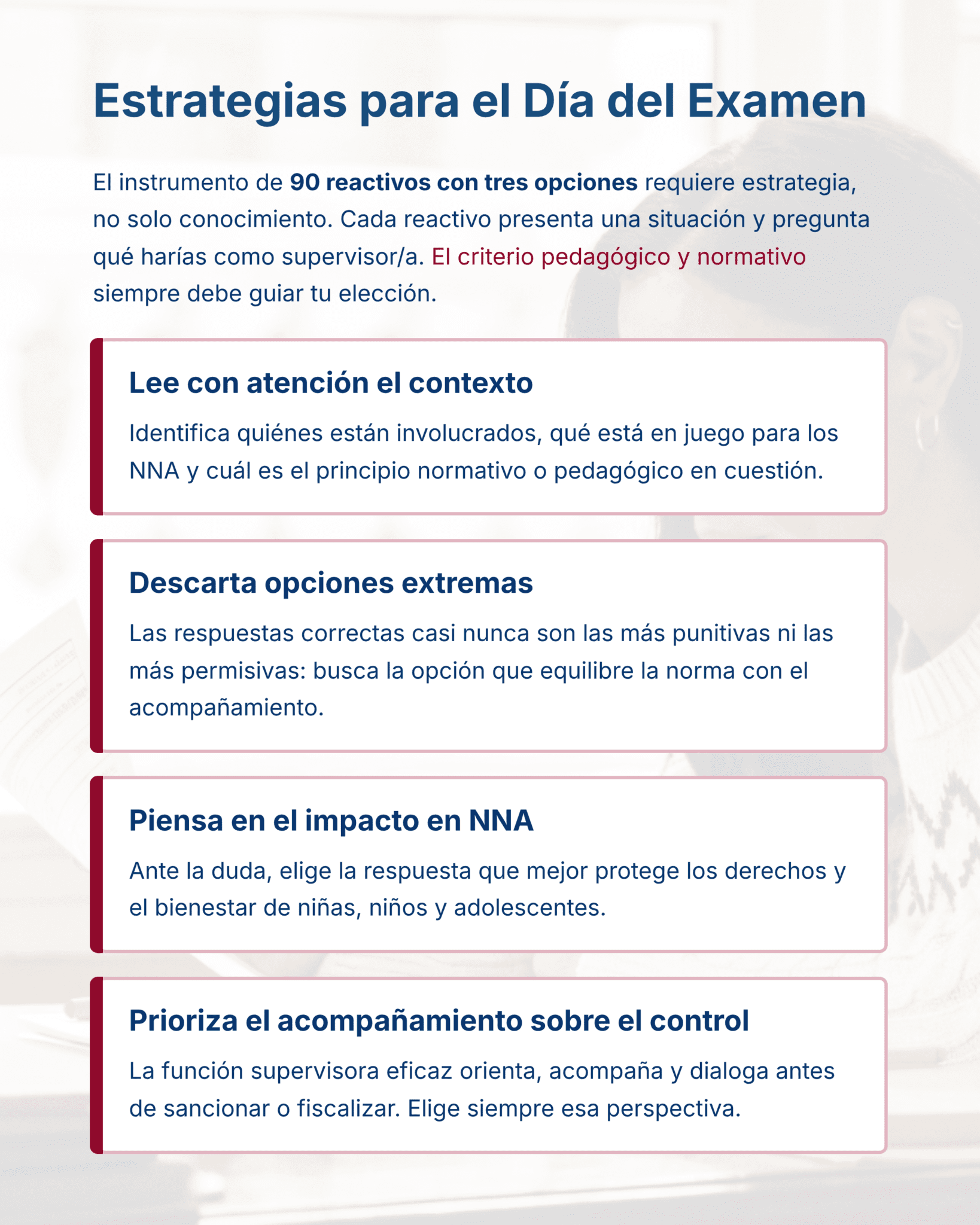 Guía de Apoyo Promoción Vertical Función SUPERVISORES - USICAMM 2026 - 2027 + (Simulador 90 Reactivos) 11 Una infografía en español titulada "Estrategias para el Día del Examen" enumera cuatro consejos para responder a las preguntas del examen, haciendo hincapié en el contexto, descartando las opciones extremas, considerando el impacto en el niño y priorizando el apoyo sobre el control.
