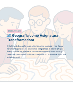 Guía de Estudio HORAS ADICIONALES GEOGRAFÍA Educación Secundaria- USICAMM 2026 - 2027 + (Simulador 90 Reactivos) 29 Ilustración de tres estudiantes mirando un gran mapa sobre una mesa, con texto superpuesto en español sobre la geografía como asignatura transformadora, que hace hincapié en el pensamiento crítico, la sostenibilidad y la justicia espacial.