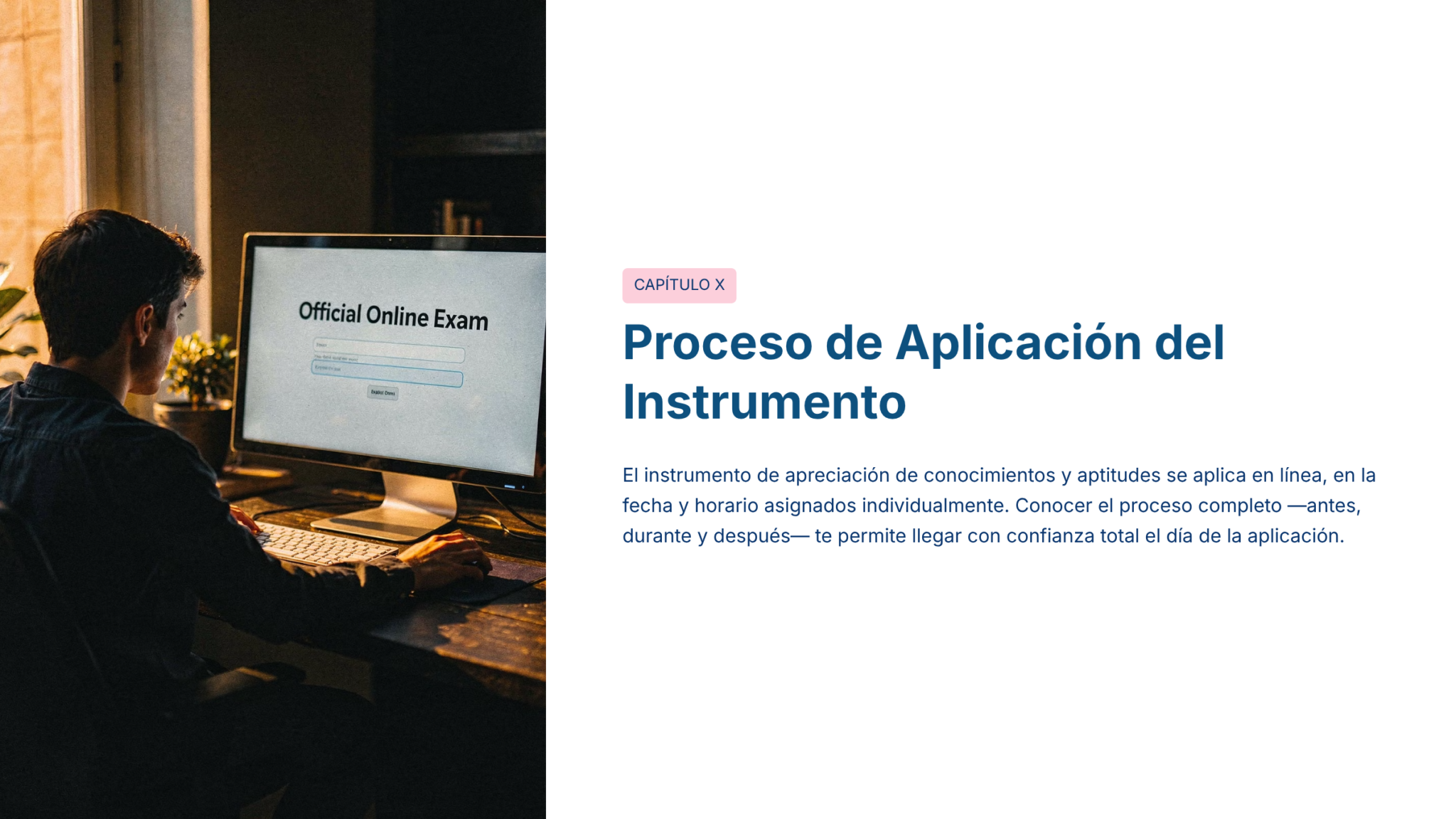 Guía de Estudio PROMOCIÓN HORIZONTAL SUPERVISIÓN – USICAMM 2026 – 2027 + (Simulador 90 Reactivos) 12 Una persona se sienta en un escritorio con un ordenador de sobremesa en el que aparece "Examen oficial en línea", junto a un texto en español sobre el proceso de solicitud del examen en línea.
