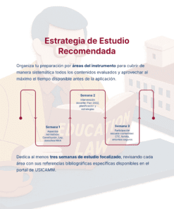 Una infografía en español detalla un plan de estudio de tres semanas para el examen USICAMM, incluyendo áreas de enfoque semanales y un hombre leyendo un libro de derecho en el fondo.