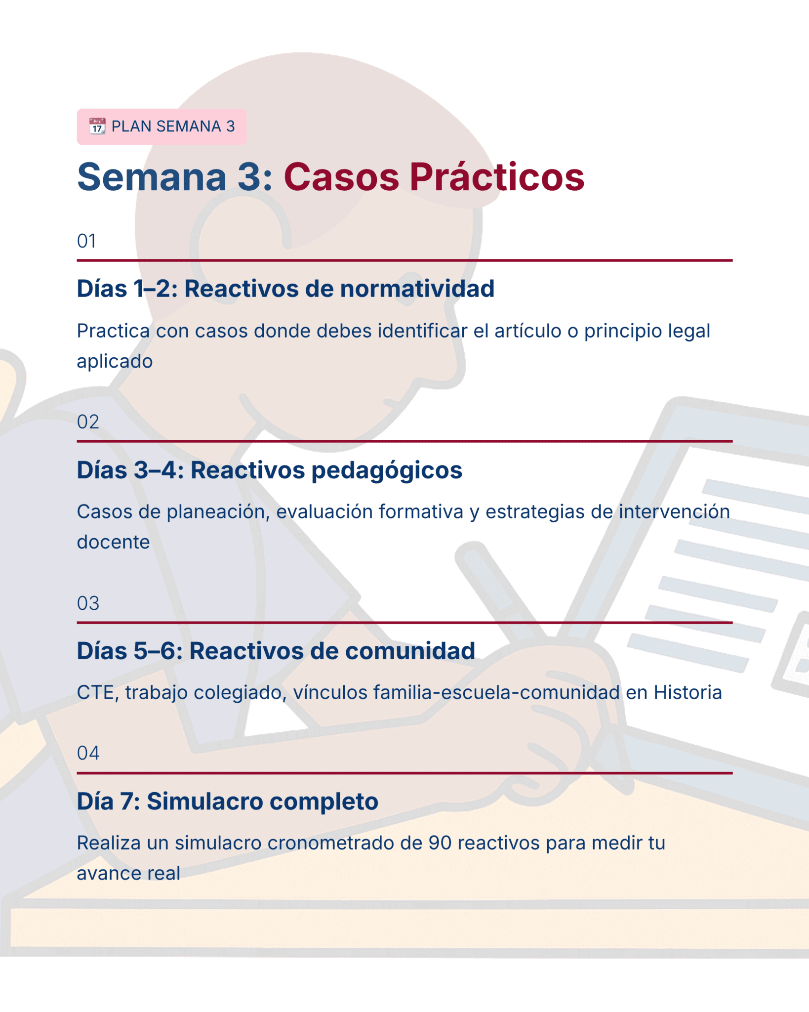 Guía de Estudio HORAS ADICIONALES HISTORIA Educación Secundaria- USICAMM 2026 - 2027 + (Simulador 90 Reactivos) 6 Un plan semanal en español titulado "Semana 3: Casos Prácticos" enumera las actividades para los días 1-7, incluyendo reactivos normativos, reactivos pedagógicos, reactivos comunitarios y una simulación cronometrada completa.