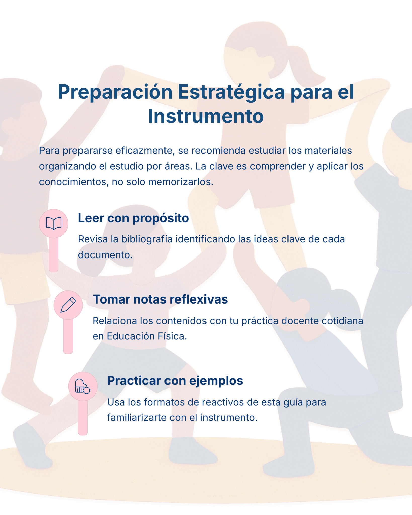 Guía de Estudio HORAS ADICIONALES EDUCACIÓN FÍSICA Primaria y Secundaria- USICAMM 2026 - 2027 + (Simulador 90 Reactivos) 13 Infografía titulada "Preparación Estratégica para el Instrumento" con tres consejos: Leer con propósito, Tomar notas reflexivas y Practicar con ejemplos, cada uno con un icono y una breve descripción sobre un fondo con ilustraciones de personas difuminadas.