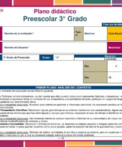 La plantilla Planeación Las Rondas para Preescolar para 3er grado incluye secciones para la escuela, información del maestro, horario y ciclo de clases. Los campos de color resaltan las habilidades lingüísticas, cognitivas y socioemocionales, ideales para analizar las lecciones con las actividades de las rondas.