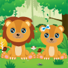 Dos leones de dibujos animados, uno con un lazo azul, se sientan juntos en un entorno forestal con pasto, hongos y bellotas a su alrededor.