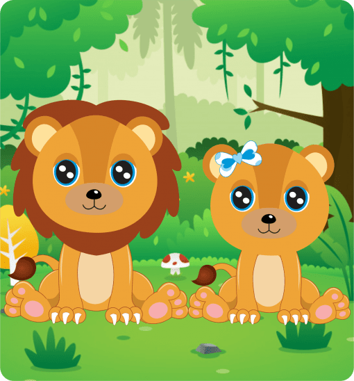 Dos leones de dibujos animados, uno con un lazo azul, se sientan juntos en un entorno forestal con pasto, hongos y bellotas a su alrededor.